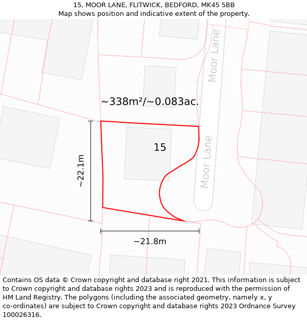 15, MOOR LANE, FLITWICK, BEDFORD, MK45 5BB: Plot and title map