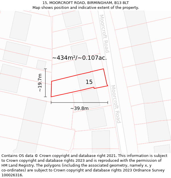 15, MOORCROFT ROAD, BIRMINGHAM, B13 8LT: Plot and title map