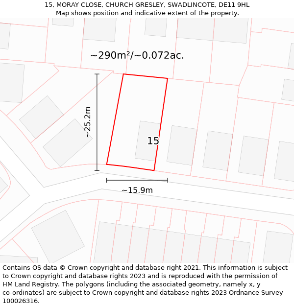 15, MORAY CLOSE, CHURCH GRESLEY, SWADLINCOTE, DE11 9HL: Plot and title map