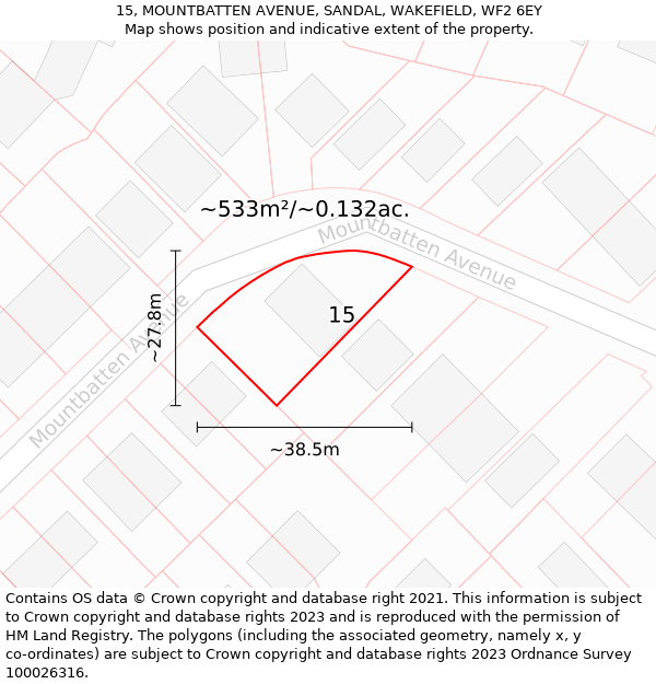 15, MOUNTBATTEN AVENUE, SANDAL, WAKEFIELD, WF2 6EY: Plot and title map