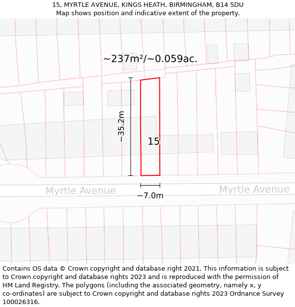 15, MYRTLE AVENUE, KINGS HEATH, BIRMINGHAM, B14 5DU: Plot and title map