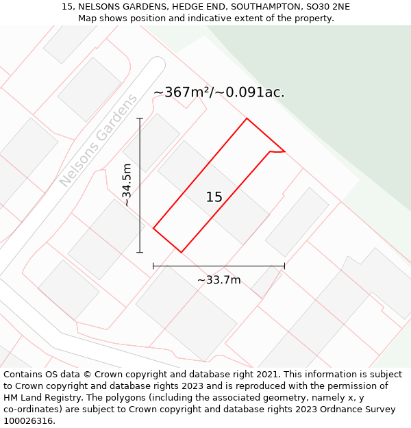 15, NELSONS GARDENS, HEDGE END, SOUTHAMPTON, SO30 2NE: Plot and title map