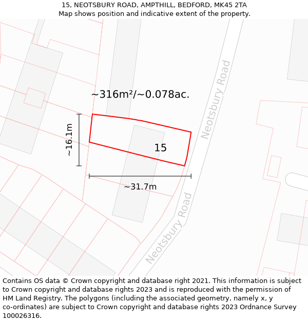 15, NEOTSBURY ROAD, AMPTHILL, BEDFORD, MK45 2TA: Plot and title map