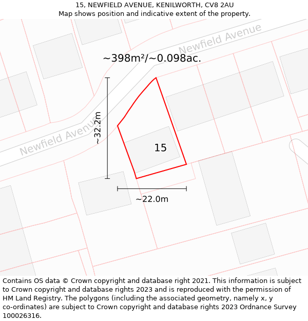 15, NEWFIELD AVENUE, KENILWORTH, CV8 2AU: Plot and title map