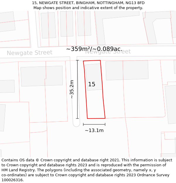 15, NEWGATE STREET, BINGHAM, NOTTINGHAM, NG13 8FD: Plot and title map