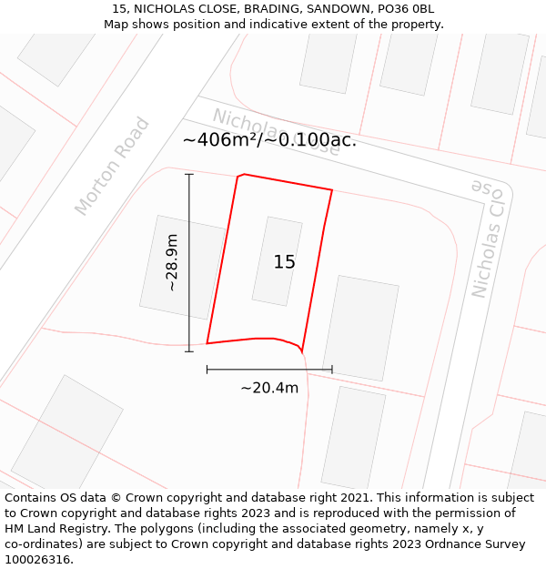 15, NICHOLAS CLOSE, BRADING, SANDOWN, PO36 0BL: Plot and title map