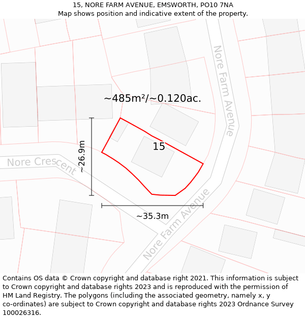 15, NORE FARM AVENUE, EMSWORTH, PO10 7NA: Plot and title map