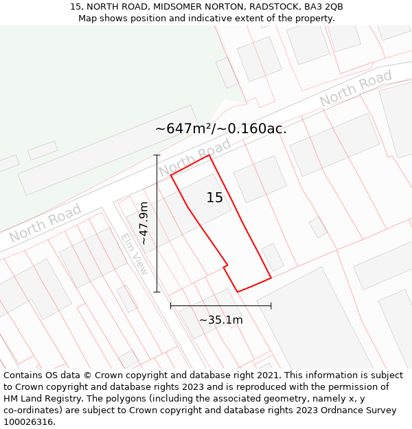15, NORTH ROAD, MIDSOMER NORTON, RADSTOCK, BA3 2QB: Plot and title map