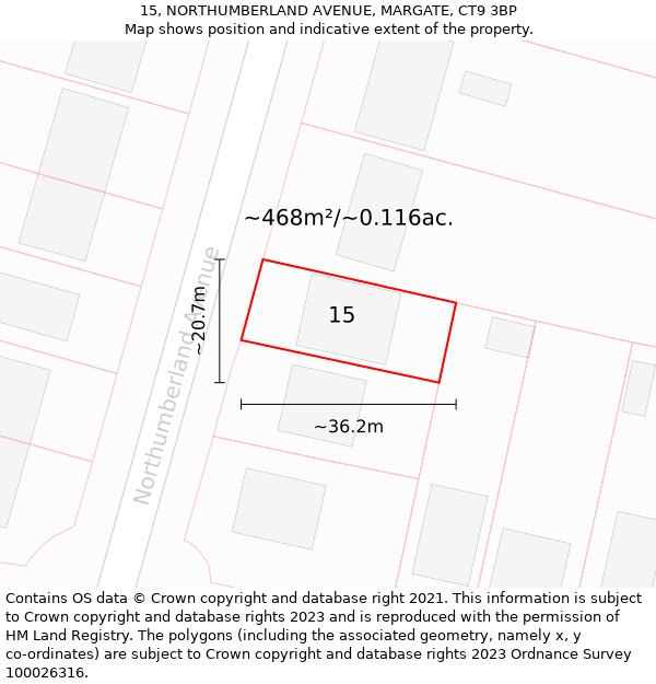 15, NORTHUMBERLAND AVENUE, MARGATE, CT9 3BP: Plot and title map