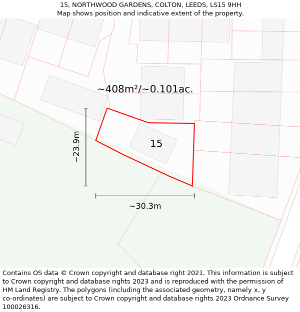 15, NORTHWOOD GARDENS, COLTON, LEEDS, LS15 9HH: Plot and title map