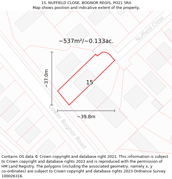 15, NUFFIELD CLOSE, BOGNOR REGIS, PO21 5RA: Plot and title map