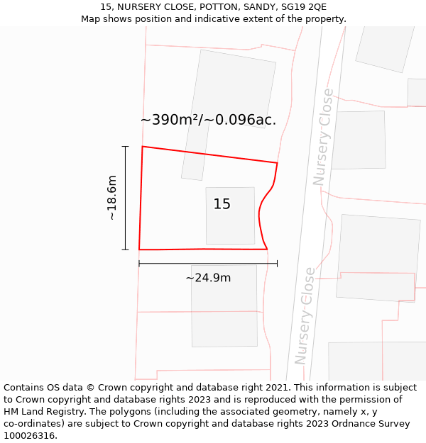 15, NURSERY CLOSE, POTTON, SANDY, SG19 2QE: Plot and title map