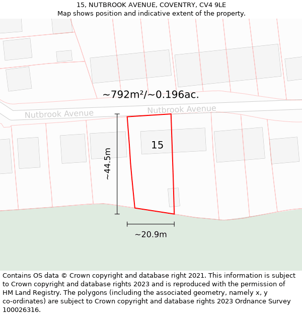 15, NUTBROOK AVENUE, COVENTRY, CV4 9LE: Plot and title map