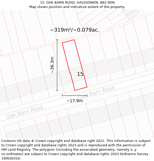 15, OAK BARN ROAD, HALESOWEN, B62 9DN: Plot and title map