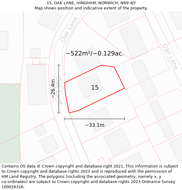 15, OAK LANE, HINGHAM, NORWICH, NR9 4JY: Plot and title map