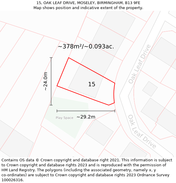 15, OAK LEAF DRIVE, MOSELEY, BIRMINGHAM, B13 9FE: Plot and title map