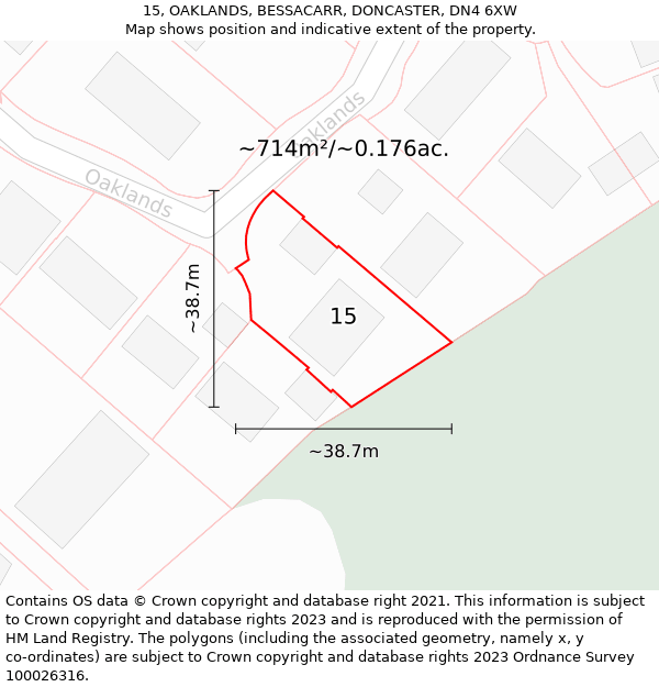 15, OAKLANDS, BESSACARR, DONCASTER, DN4 6XW: Plot and title map