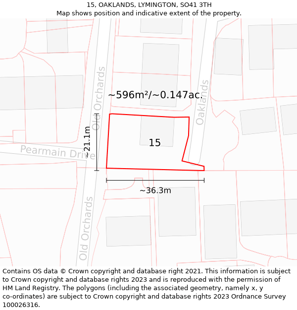 15, OAKLANDS, LYMINGTON, SO41 3TH: Plot and title map