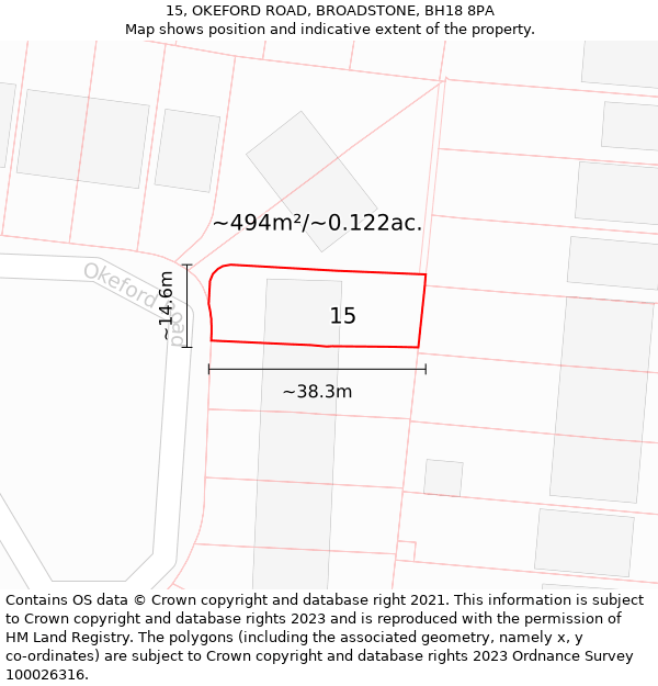 15, OKEFORD ROAD, BROADSTONE, BH18 8PA: Plot and title map