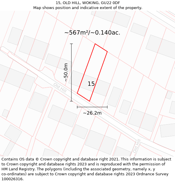 15, OLD HILL, WOKING, GU22 0DF: Plot and title map