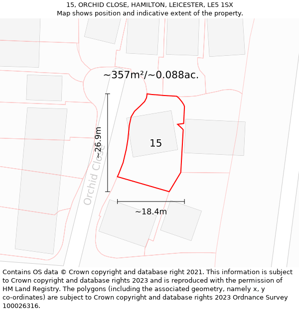 15, ORCHID CLOSE, HAMILTON, LEICESTER, LE5 1SX: Plot and title map