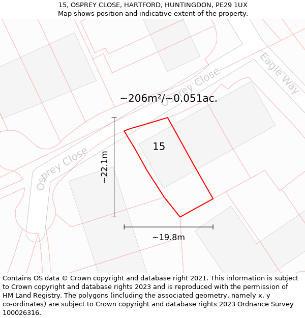 15, OSPREY CLOSE, HARTFORD, HUNTINGDON, PE29 1UX: Plot and title map