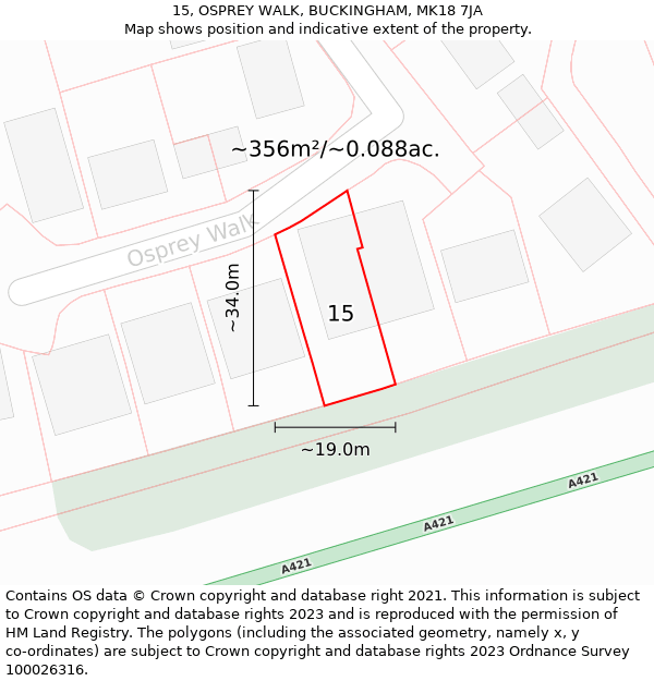 15, OSPREY WALK, BUCKINGHAM, MK18 7JA: Plot and title map