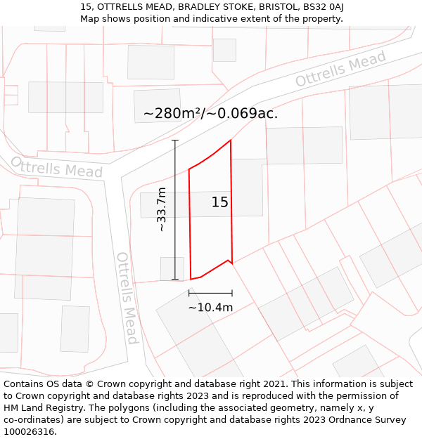 15, OTTRELLS MEAD, BRADLEY STOKE, BRISTOL, BS32 0AJ: Plot and title map