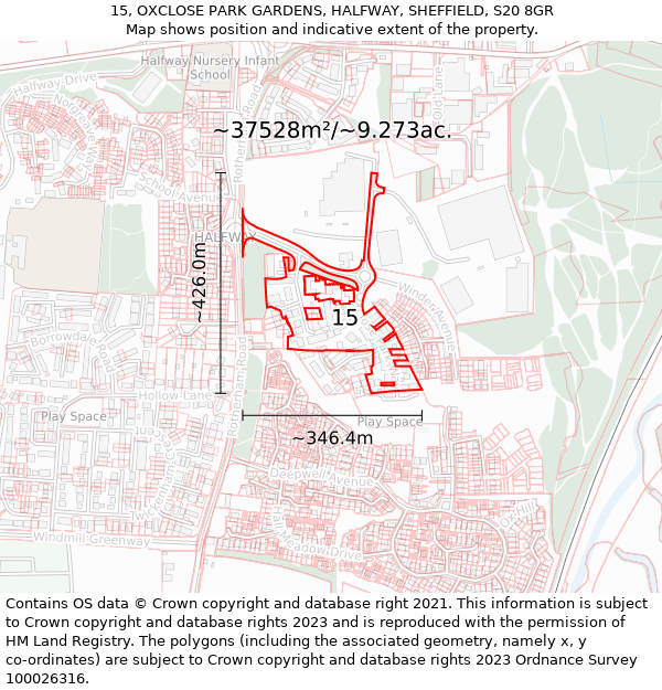 15, OXCLOSE PARK GARDENS, HALFWAY, SHEFFIELD, S20 8GR: Plot and title map