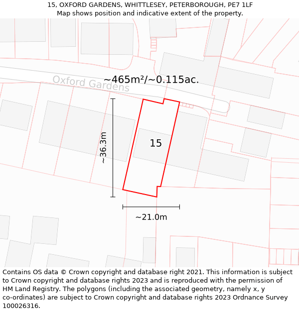 15, OXFORD GARDENS, WHITTLESEY, PETERBOROUGH, PE7 1LF: Plot and title map