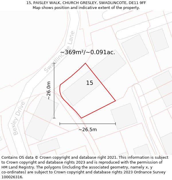 15, PAISLEY WALK, CHURCH GRESLEY, SWADLINCOTE, DE11 9FF: Plot and title map