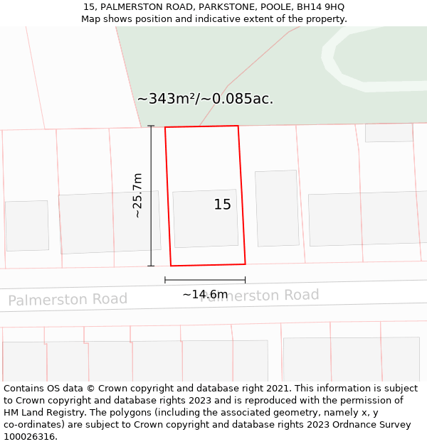 15, PALMERSTON ROAD, PARKSTONE, POOLE, BH14 9HQ: Plot and title map