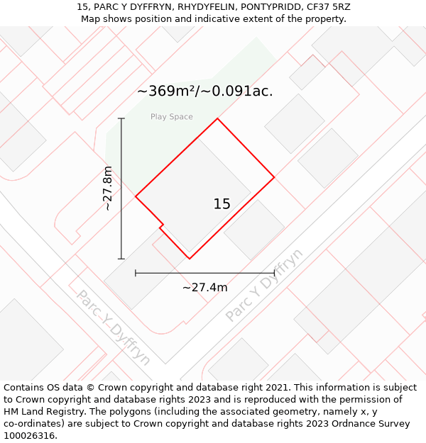 15, PARC Y DYFFRYN, RHYDYFELIN, PONTYPRIDD, CF37 5RZ: Plot and title map