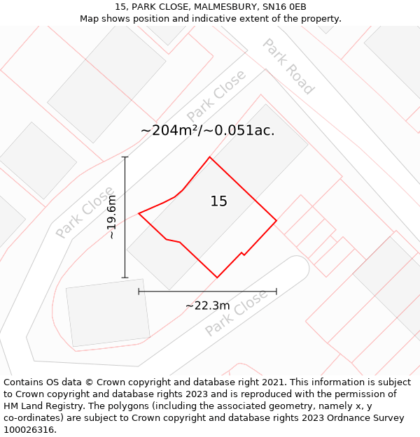 15, PARK CLOSE, MALMESBURY, SN16 0EB: Plot and title map