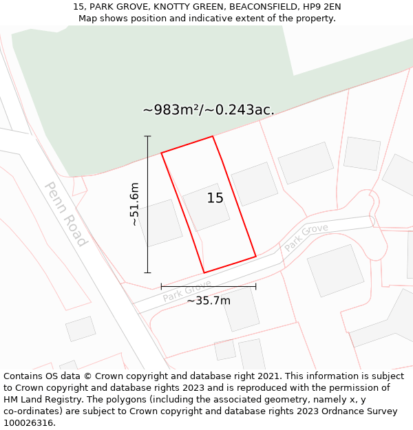 15, PARK GROVE, KNOTTY GREEN, BEACONSFIELD, HP9 2EN: Plot and title map