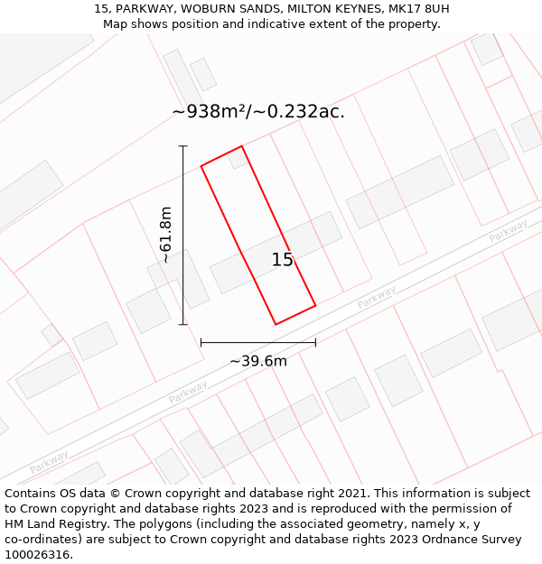 15, PARKWAY, WOBURN SANDS, MILTON KEYNES, MK17 8UH: Plot and title map