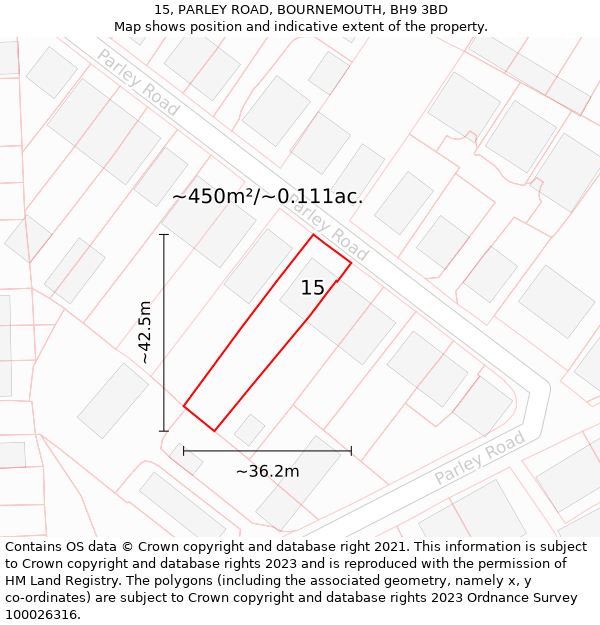 15, PARLEY ROAD, BOURNEMOUTH, BH9 3BD: Plot and title map