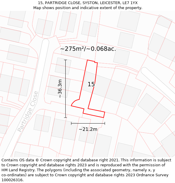 15, PARTRIDGE CLOSE, SYSTON, LEICESTER, LE7 1YX: Plot and title map