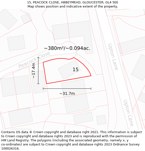 15, PEACOCK CLOSE, ABBEYMEAD, GLOUCESTER, GL4 5EE: Plot and title map