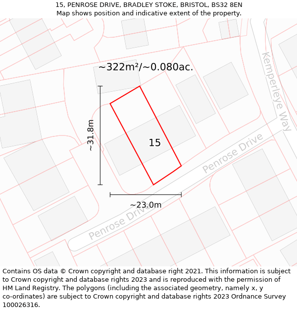 15, PENROSE DRIVE, BRADLEY STOKE, BRISTOL, BS32 8EN: Plot and title map