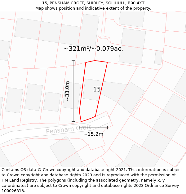 15, PENSHAM CROFT, SHIRLEY, SOLIHULL, B90 4XT: Plot and title map