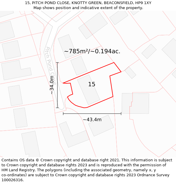 15, PITCH POND CLOSE, KNOTTY GREEN, BEACONSFIELD, HP9 1XY: Plot and title map