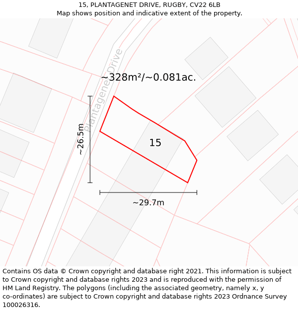 15, PLANTAGENET DRIVE, RUGBY, CV22 6LB: Plot and title map