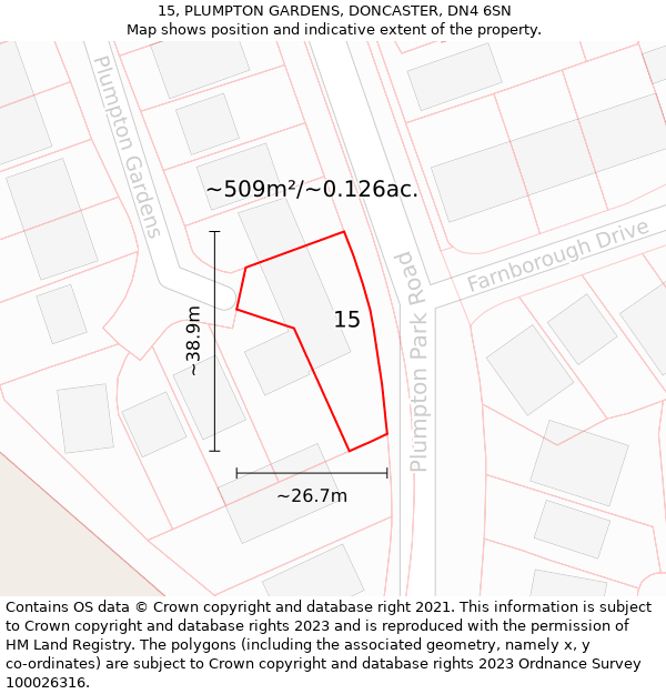 15, PLUMPTON GARDENS, DONCASTER, DN4 6SN: Plot and title map