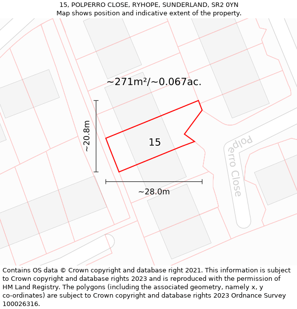 15, POLPERRO CLOSE, RYHOPE, SUNDERLAND, SR2 0YN: Plot and title map