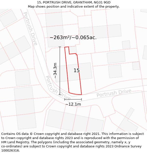 15, PORTRUSH DRIVE, GRANTHAM, NG31 9GD: Plot and title map