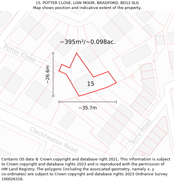 15, POTTER CLOSE, LOW MOOR, BRADFORD, BD12 0LG: Plot and title map