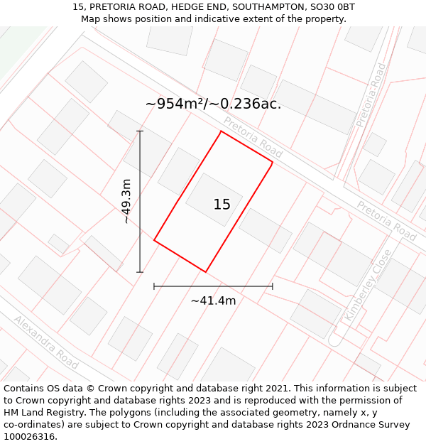 15, PRETORIA ROAD, HEDGE END, SOUTHAMPTON, SO30 0BT: Plot and title map