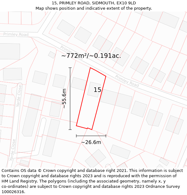 15, PRIMLEY ROAD, SIDMOUTH, EX10 9LD: Plot and title map