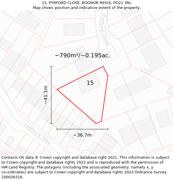 15, PYRFORD CLOSE, BOGNOR REGIS, PO21 3NL: Plot and title map